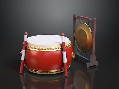 Red Drum With White Head Golden Decorations And Red Drumsticks Beside Cymbal On Black Background 3d model