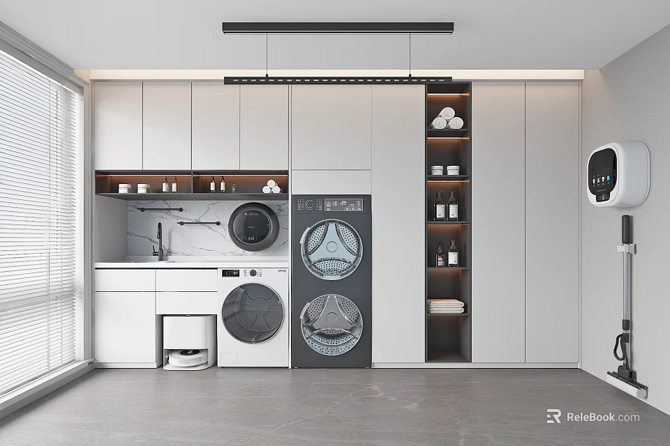 Modern Home Balcony Interior With Washing Machine Dryer Cabinets Sink And Storage Shelves 3d model 