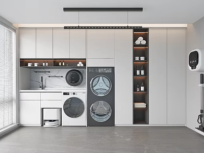 Modern Home Balcony Interior With Washing Machine Dryer Cabinets Sink And Storage Shelves 3d model