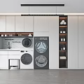 Modern Home Balcony Interior With Washing Machine Dryer Cabinets Sink And Storage Shelves