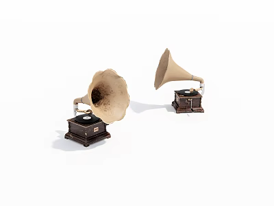 Vintage Gramophones With Brass Horns And Wooden Bases On White Background 3d model