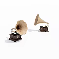 Vintage Gramophones With Brass Horns And Wooden Bases On White Background