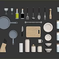 Practical Kitchen Household Items With Pots Spoons Knives Plates And Storage Jars