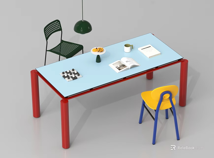 Light Blue Dining Table Set With Red Legs Green Yellow Chairs Fruit Vase And Chessboard 3d model 