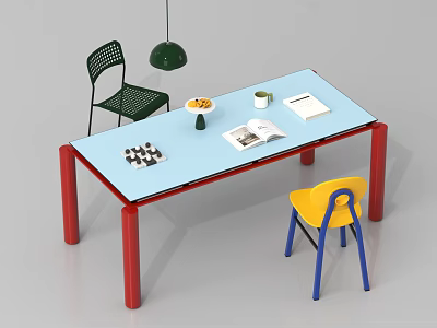 Light Blue Dining Table Set With Red Legs Green Yellow Chairs Fruit Vase And Chessboard 3d model