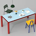 Light Blue Dining Table Set With Red Legs Green Yellow Chairs Fruit Vase And Chessboard