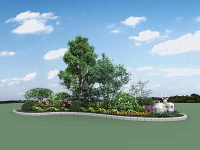 Lush Shrubs in Circular Garden Area with Central Trees Flowers and Blue Sky 3d model