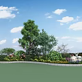 Lush Shrubs in Circular Garden Area with Central Trees Flowers and Blue Sky