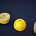 Fresh Yellow Melon Display Whole And Sliced Showing Inner Structure Against Dark Blue Background
