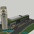 Tall Office Building With Classical Top Design Vertical Stripes And Green Trees 3d model