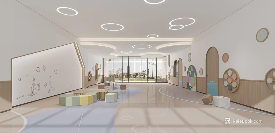 Kindergarten Interior Design With Circular Ceiling Lights Large Windows Curved Walls And Colorful Seats 3d model 