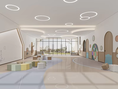 Kindergarten Interior Design With Circular Ceiling Lights Large Windows Curved Walls And Colorful Seats 3d model
