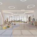 Kindergarten Interior Design With Circular Ceiling Lights Large Windows Curved Walls And Colorful Seats