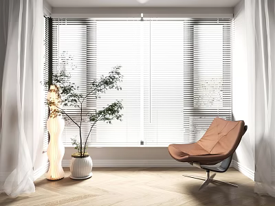 Elegant Venetian Blinds by Window with Brown Chair Plant White Curtains and Wooden Floor 3d model