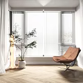 Elegant Venetian Blinds by Window with Brown Chair Plant White Curtains and Wooden Floor