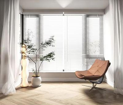 Elegant Venetian Blinds by Window with Brown Chair Plant White Curtains and Wooden Floor 3d model