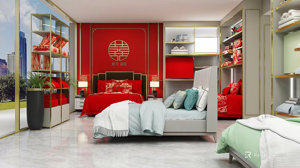 Modern Wedding Bedroom Furniture Specialty Store With Red Theme Display Cabinets And Beds 3d model 