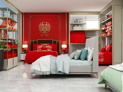Modern Wedding Bedroom Furniture Specialty Store With Red Theme Display Cabinets And Beds 3d model