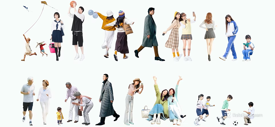 Diverse Group of People in Various Poses Activities and Casual Styles 3d model 