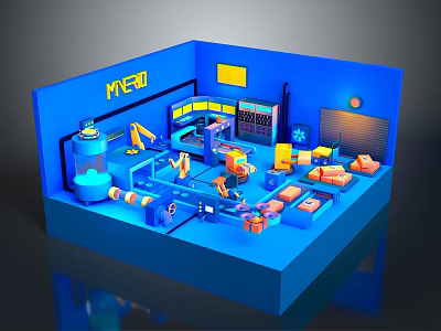 Blue Industrial Machinery Equipment 3D Model Scene With Robotic Arm Pipes And Tools 3d model