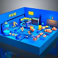 Blue Industrial Machinery Equipment 3D Model Scene With Robotic Arm Pipes And Tools