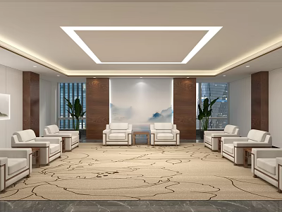 Elegant Hotel Public Lounge Interior With White Sofas Patterned Carpet And Green Plants 3d model