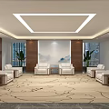 Elegant Hotel Public Lounge Interior With White Sofas Patterned Carpet And Green Plants 3d model