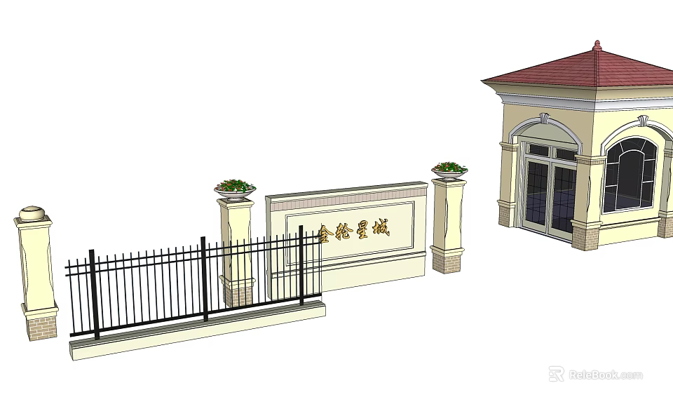 Taige Haocheng Entrance Gate with Decorative Pillars Iron Fence and Red Roof Building 3d model 