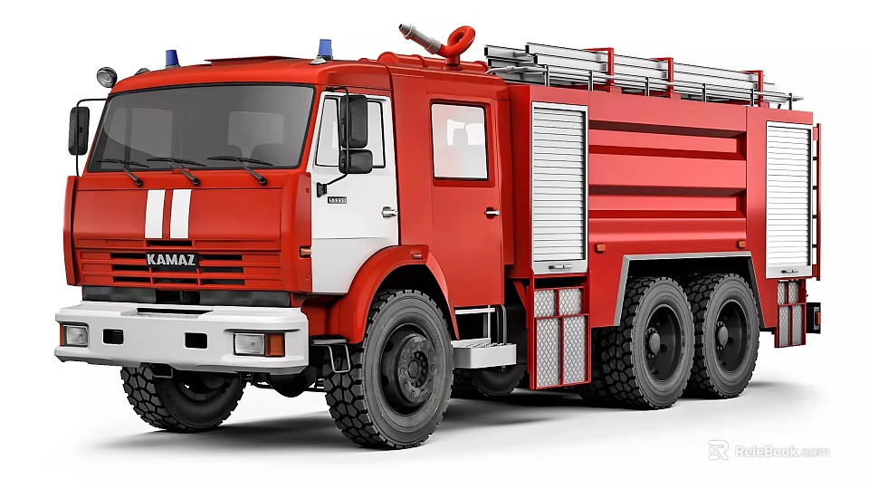 Red KAMAZ Heavy Duty Fire Truck With Ladder And Firefighting Equipment 3d model 