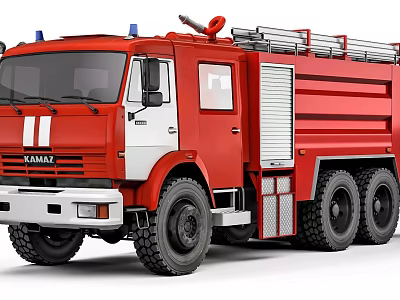 Red KAMAZ Heavy Duty Fire Truck With Ladder And Firefighting Equipment 3d model