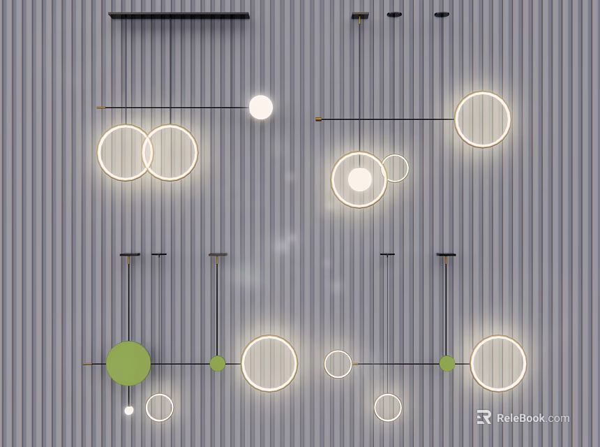 Modern Circular Pendant Lights with Green Accents Metal Frames and Striped Wall 3d model 