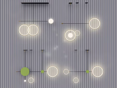Modern Circular Pendant Lights with Green Accents Metal Frames and Striped Wall 3d model