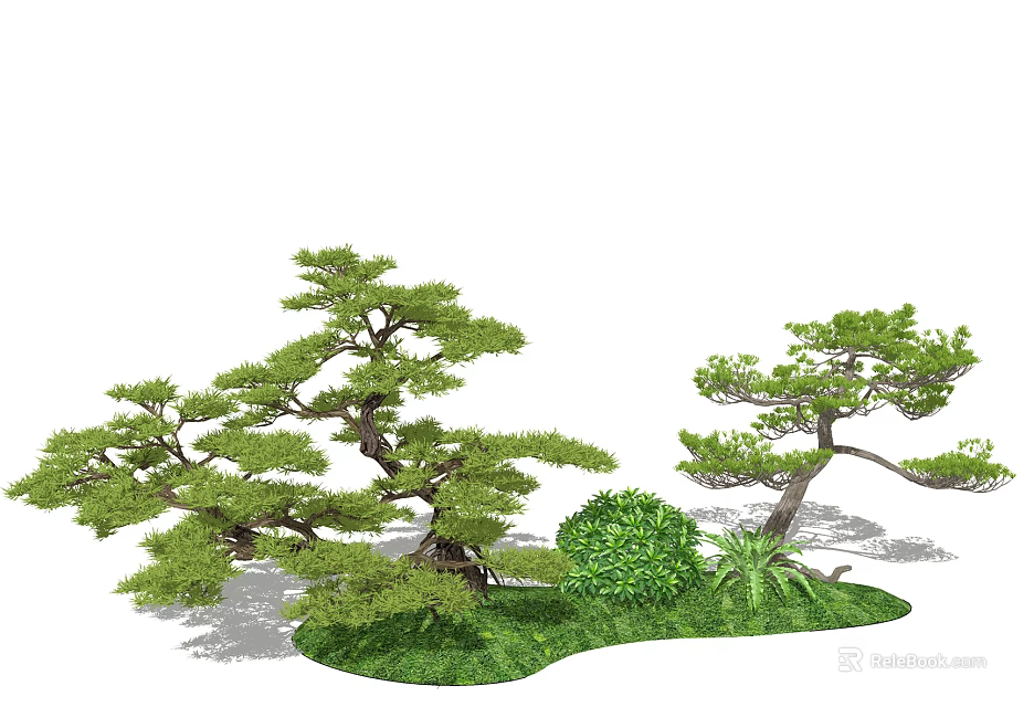 Elegant Green Leafy Trees With Graceful Branches Lush Bushes And Fresh Grass 3d model 