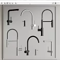 Different Modern Faucet Designs in Black and Silver Displayed on White Background