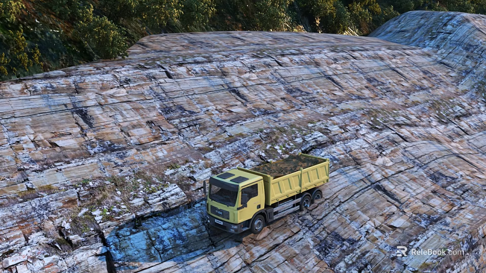 Scenic Landscape Featuring Yellow Dump Truck On Rocky Textured Ground With Puddles And Trees 3d model 