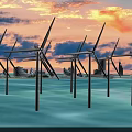 Offshore Wind Turbines in Ocean During Sunset Sky Generating Renewable Energy