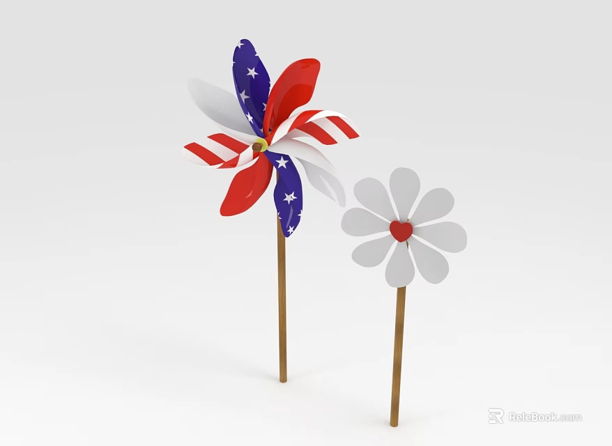 American Flag Design Windmill And White Daisy Shaped Garden Decor With Wooden Sticks 3d model 