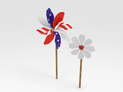 American Flag Design Windmill And White Daisy Shaped Garden Decor With Wooden Sticks 3d model
