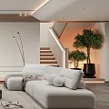 Modern Minimalist Living Room Interior Design With Sofa Coffee Table Armchair And Plants