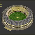 Circular Modern Stadium Architecture With Blue Glass Roof Green Field And Seating Tiers