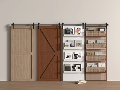 Wooden Sliding Barn Doors With Black Metal Rail In Modern Interior Design 3d model