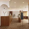 Light and Modern Clothing Store Interior With Clothes Racks Wooden Reception Desk And Herringbone Flooring