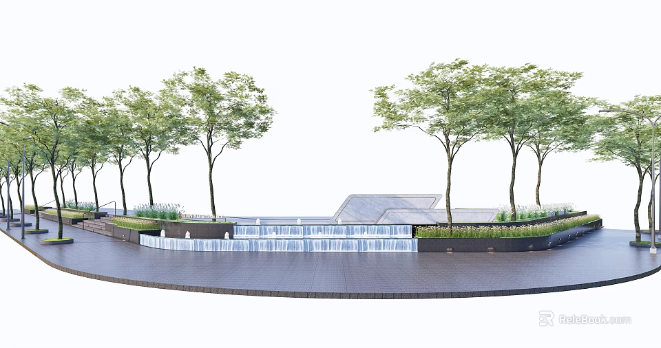 Modern Landscape Feature Wall With Cascading Water And Green Trees Design 3d model