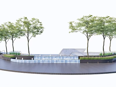 Modern Landscape Feature Wall With Cascading Water And Green Trees Design 3d model