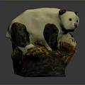 Game Movie Panda Character White Body Black Ears Limbs Standing On Orange Black Textured Rock