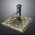 Vintage Public Water Tap Structure On Brick Paved Ground With Drain
