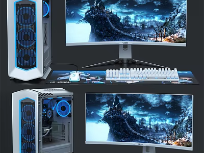 Gaming PC Setup With Curved Monitor RGB Keyboard Mouse And Blue Accents 3d model