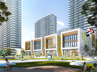 Modern Residential Community With Tall Buildings Low Rise Structures And Outdoor Playground Featuring Greenery 3d model