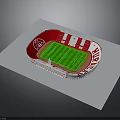 Red Football Stadium Architectural Model Design With Green Pitch And Surrounding Stands