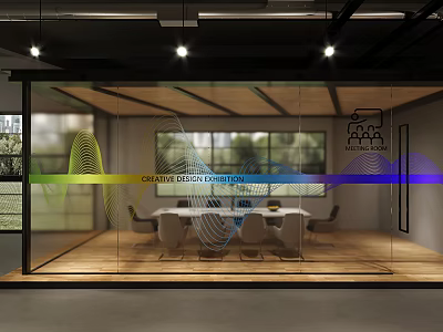 Modern Conference Room Interior Design With Glass Walls Pendant Lights And Wooden Floor 3d model